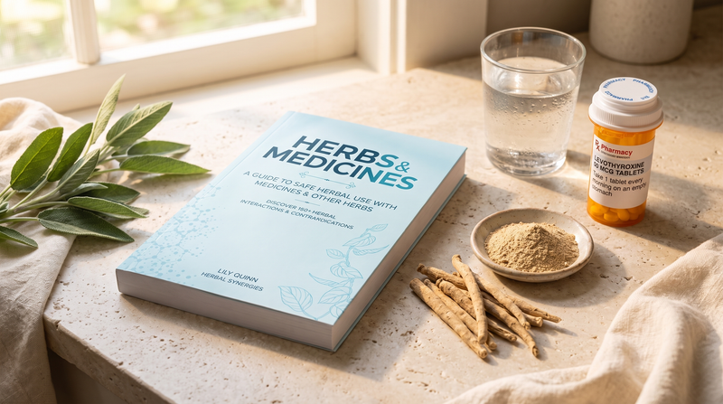 Herbs & Medicines book with ashwagandha root, powder and a levothyroxine 50 mcg prescription