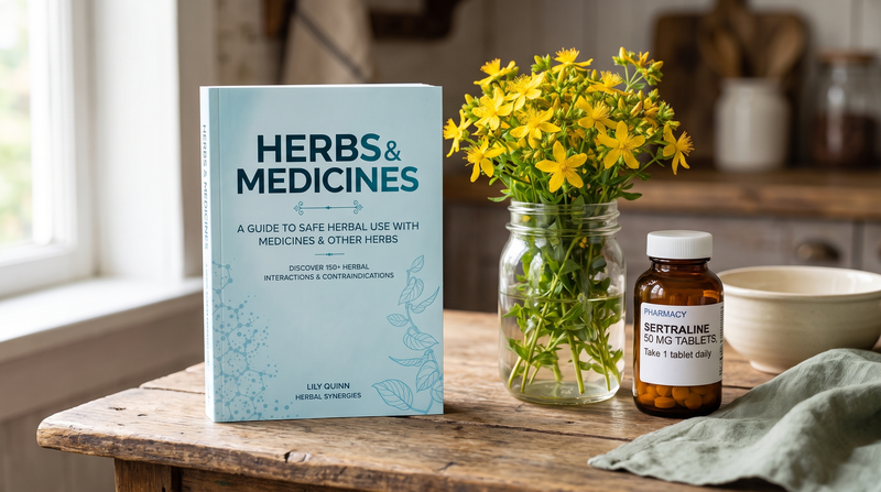 Herbs & Medicines book with St. John's wort flowers and a sertraline 50 mg prescription bottle