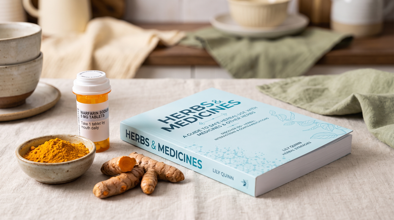 Herbs & Medicines book beside fresh turmeric root, turmeric powder and a warfarin 5 mg prescription bottle